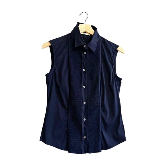 Prada Dark Blue Sleeveless Button Down Shirt, Size 44 Italy, stretch - Picture 1 of 15